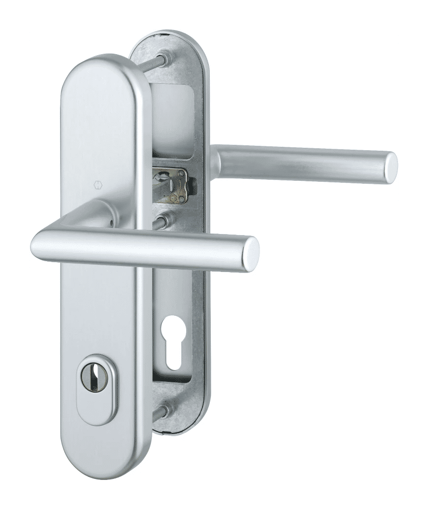 Komplet klamek Amsterdam do drzwi zewnętrznych z ochroną wkładki