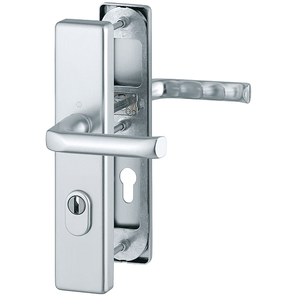 Komplet klamek London, ES1, z ochroną wkładki, długi szyld, kolor srebrny F1