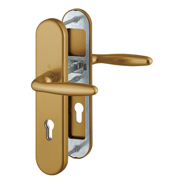 Komplet klamek Verona do drzwi zewnętrznych w kolorze starego złota