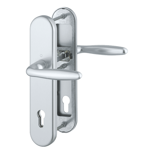 Komplet klamek Verona do drzwi zewnętrznych w kolorze srebrnym