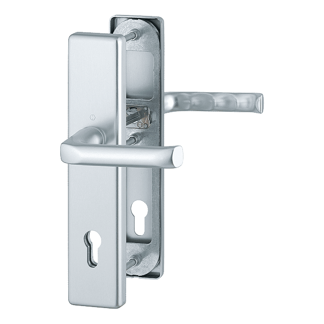 Komplet klamek London z aluminium, długi szyld, kolor srebrny