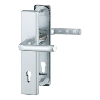 Komplet klamek London z aluminium, długi szyld, kolor srebrny