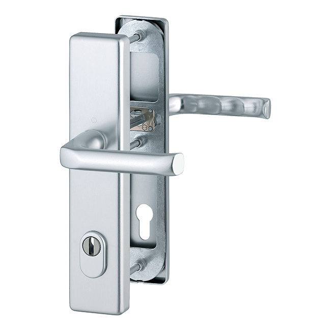 Komplet klamek London, ES2, z ochroną wkładki, długi szyld, kolor srebrny F1