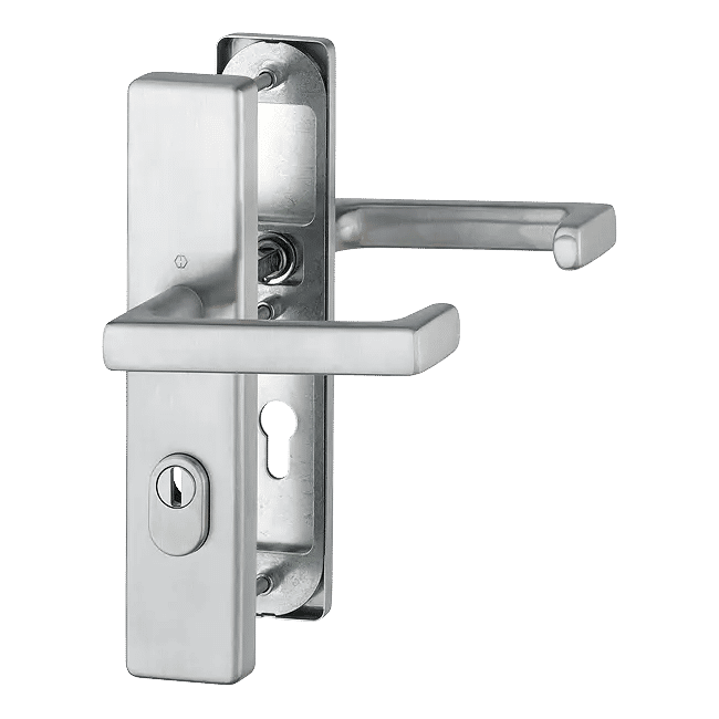 Komplet klamko-klamka Dallas do drzwi ppoż z ochroną wkładki, stal szlachetna F69