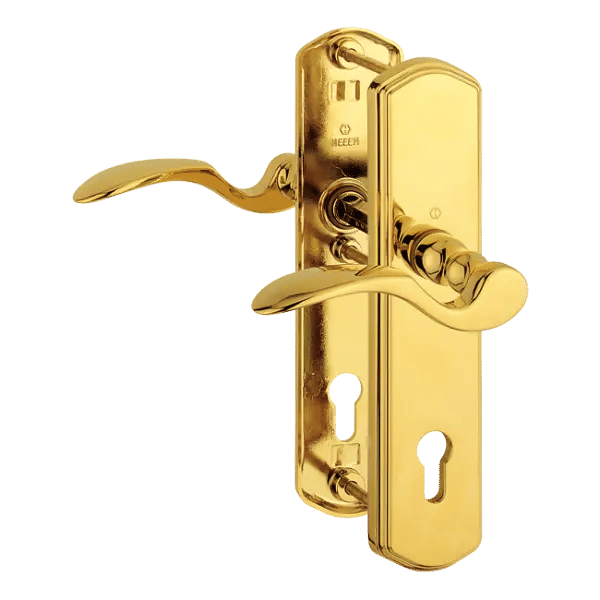 HOPPE Munchen Door Handle with Steel Shield, 77-82 mm, Gold Glossy, Right Version