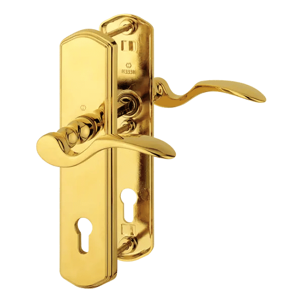 HOPPE Munchen Door Handle with Steel Security Plate, 77-82 mm, Gold Glossy, Left Version