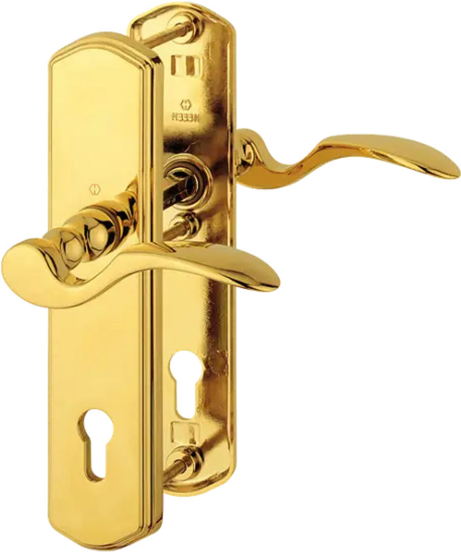 Klamka-klamka Munchen ze stalową tarczą zabezpieczającą, 77-82 mm, kolor złoty błyszczący, wersja lewa
