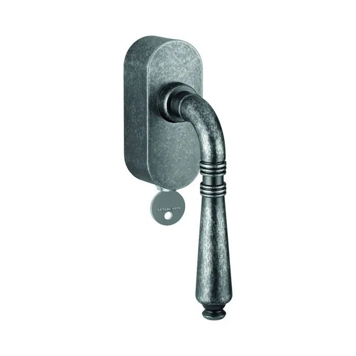 Ginevra - Klamka okienna z mosiądzu, wersja z kluczem, SKG3, kolor stare srebro