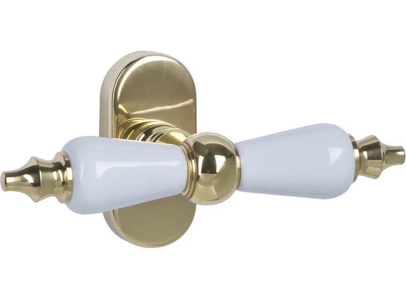 Platon - Klamka dwuramienna z mosiądzu i ceramiczną rękojeścią, kolor złoto-biały