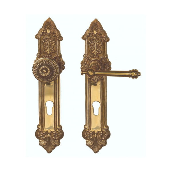 Mosiężna antyczna ręcznie robiona gałko-klamka na długim szyldzie