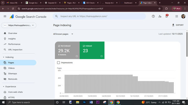  Google Search Console, Page Indexing - BEFORE: 29.2K+ Not Indexed · 23 Indexed (Nov 2025)