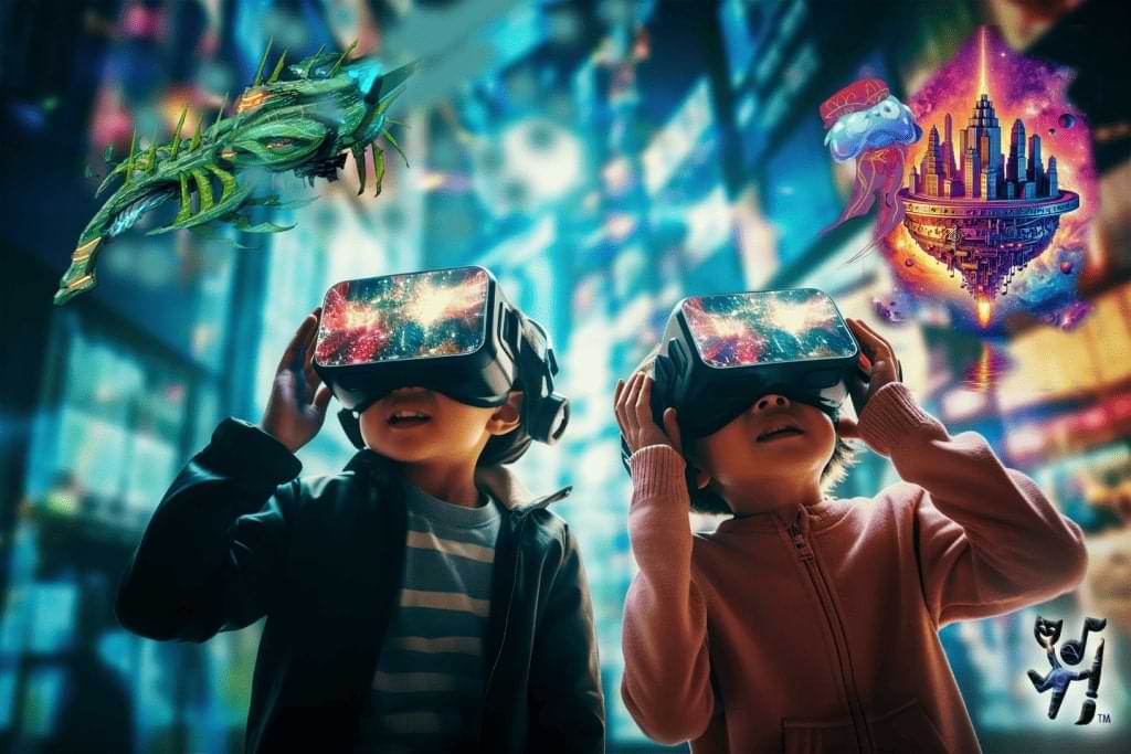 Two children wearing VR headsets exploring an immersive virtual learning experience with imaginative creatures and a futuristic city