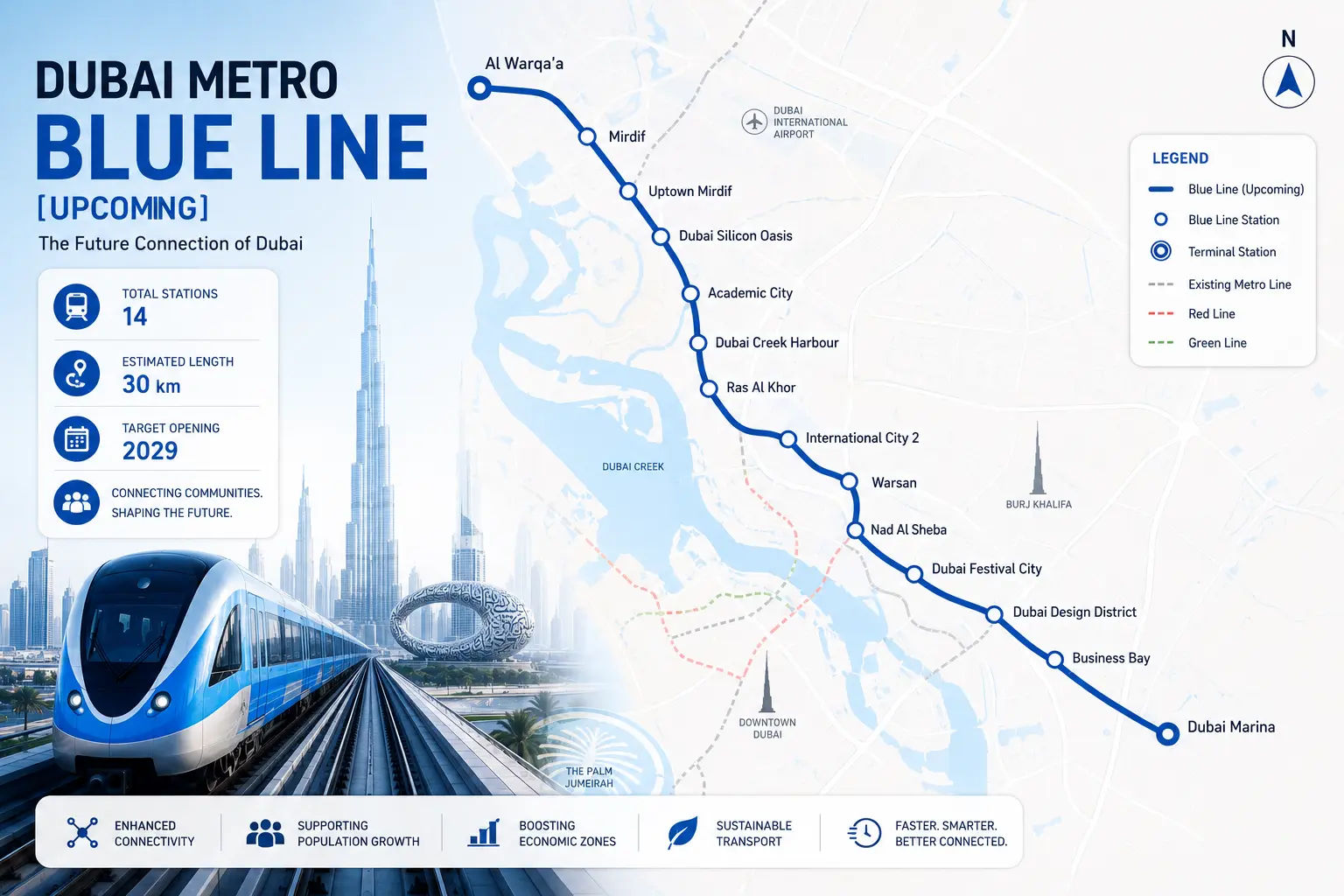 Planned Dubai Metro Blue Line route map showing 14 stations connecting to the Red Line at Centrepoint and the Green Line at Creek, opening 9 September 2029