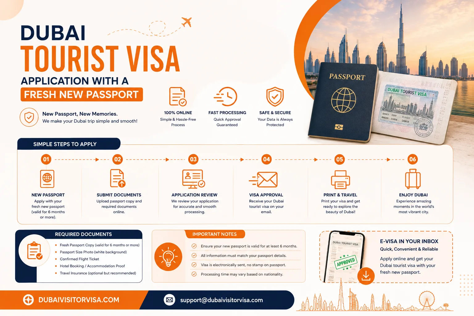 Dubai tourist visa application with a fresh new passport