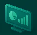 Isometric dashboard interface with charts and graphs on teal gradient background