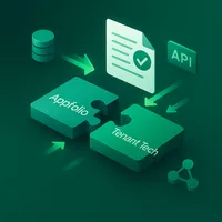 Isometric 3D illustration of software integrations with connected puzzle pieces, legal documents, and AppFolio/Tenant Tech branding on teal gradient background