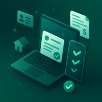 Isometric 3D illustration of online rental applications with laptop, smartphone, ID card, and pay stub on teal gradient background