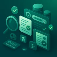 Isometric 3D illustration of database search with magnifying glass, documents, database cylinders, and OJIN Criminal branding on teal gradient background