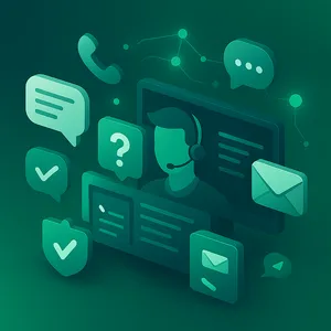 Isometric customer support illustration with chat bubbles, phone, and email icons in a connected network on teal gradient background