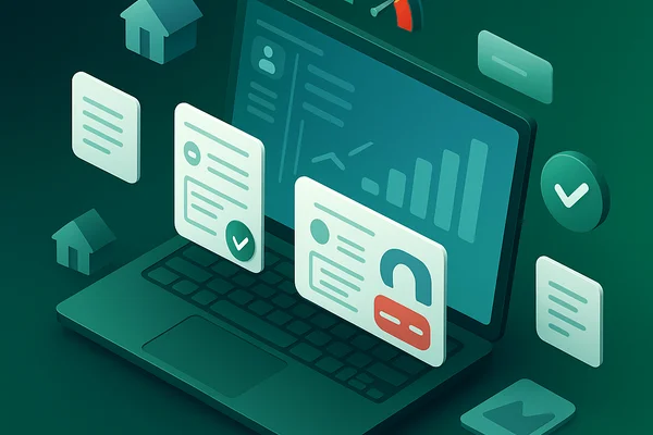 Modern isometric illustration of digital tenant screening dashboard with documents, analytics, and property icons floating around a laptop screen; gradient blue-to-green background with subtle geometric patterns