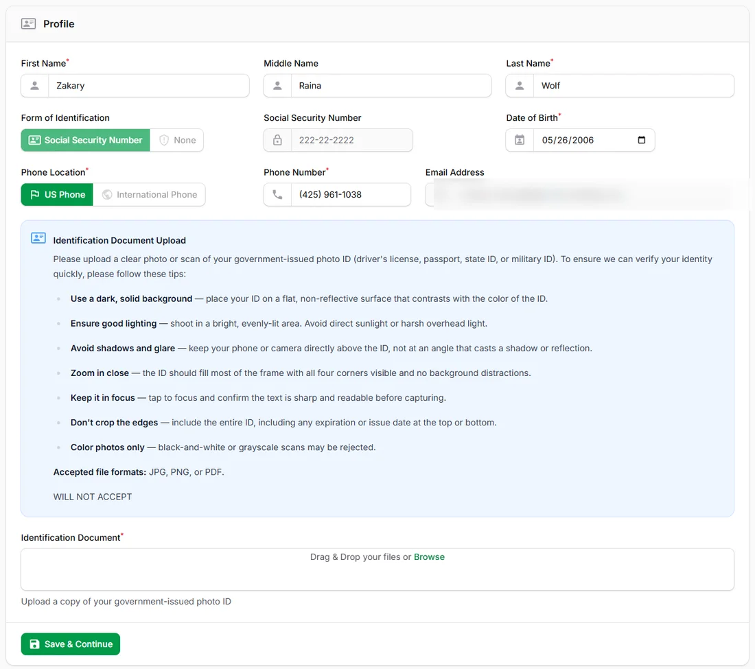 Profile form with identity document upload