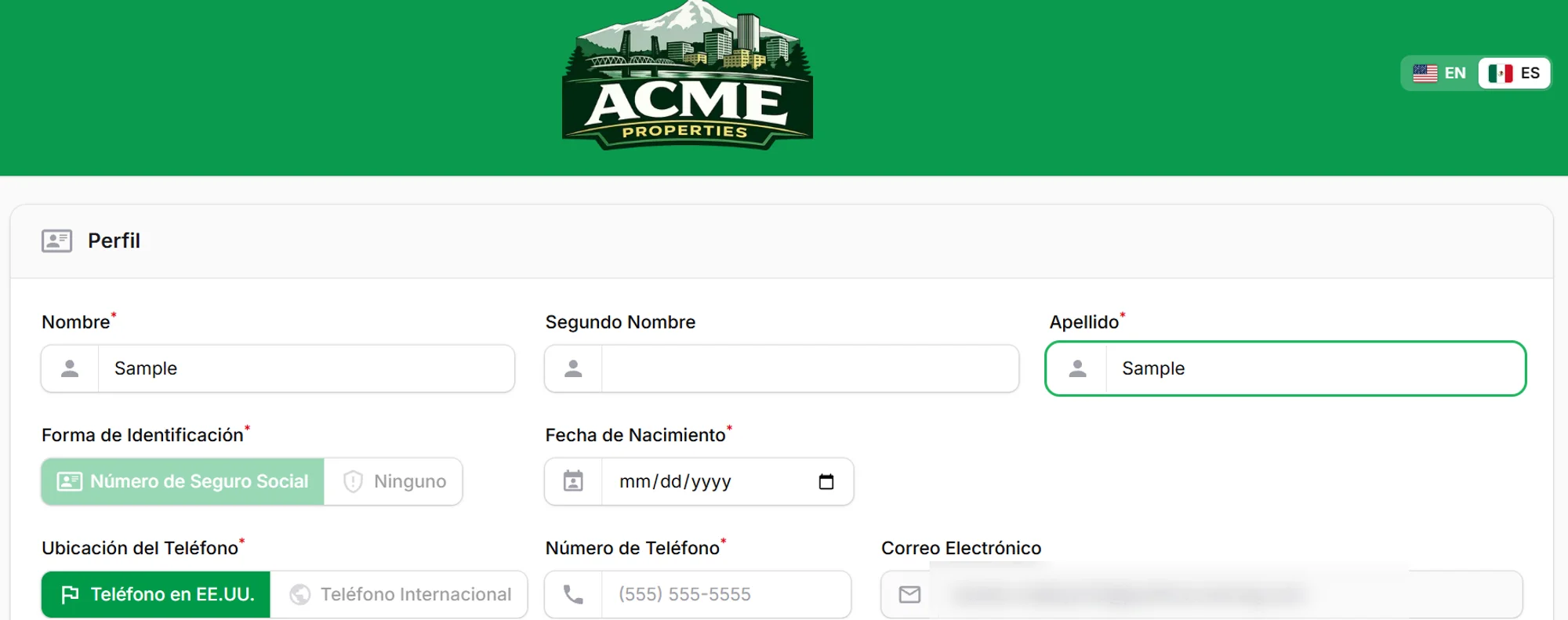 Branded application with step progress, profile form, and EN / ES language toggle