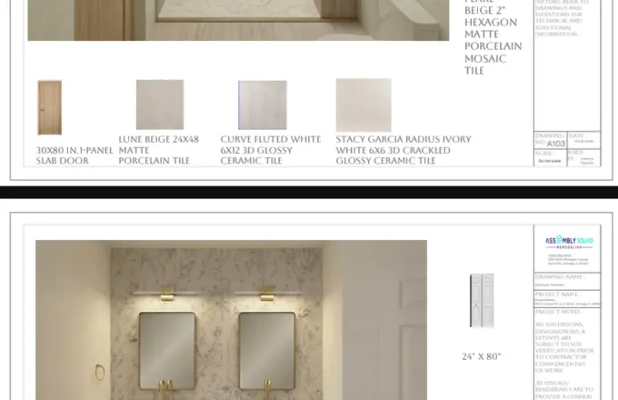 420 S Clinton Gotham Lofts West Loop primary bathroom gut renovation by Assembly Squad -- freestanding soaking tub, frameless walk-in shower with Schluter Kerdi waterproofing, double-sink vanity in Chicago