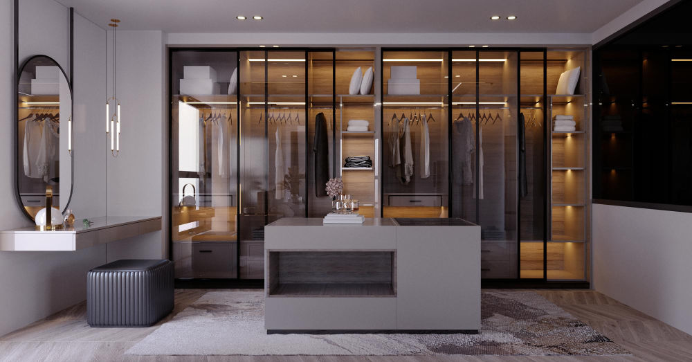 Luxury walk-in closet with center island and LED lighting in Chicago home