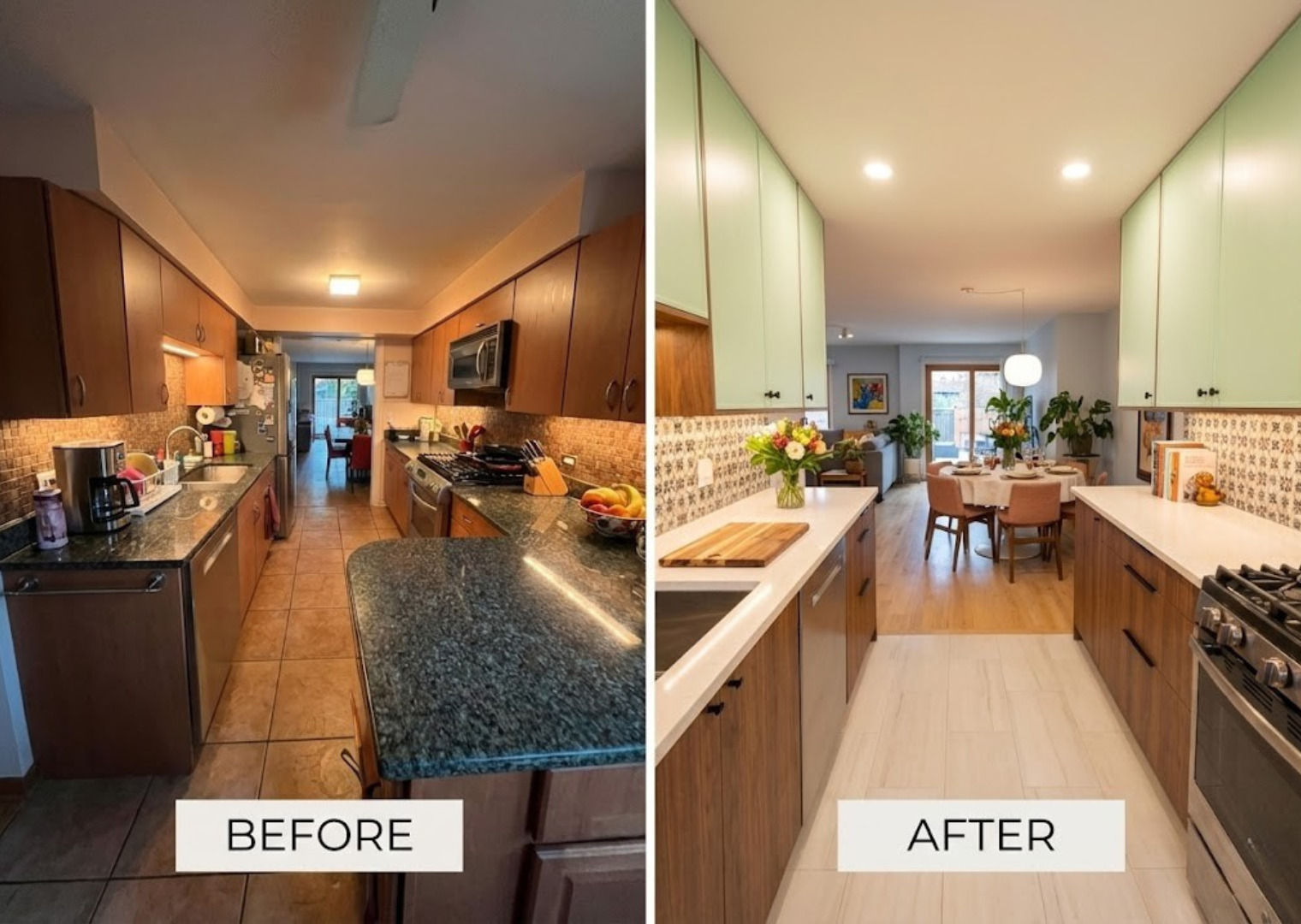 Chicago kitchen flooring -- engineered hardwood in Assembly Squad kitchen remodel 2026