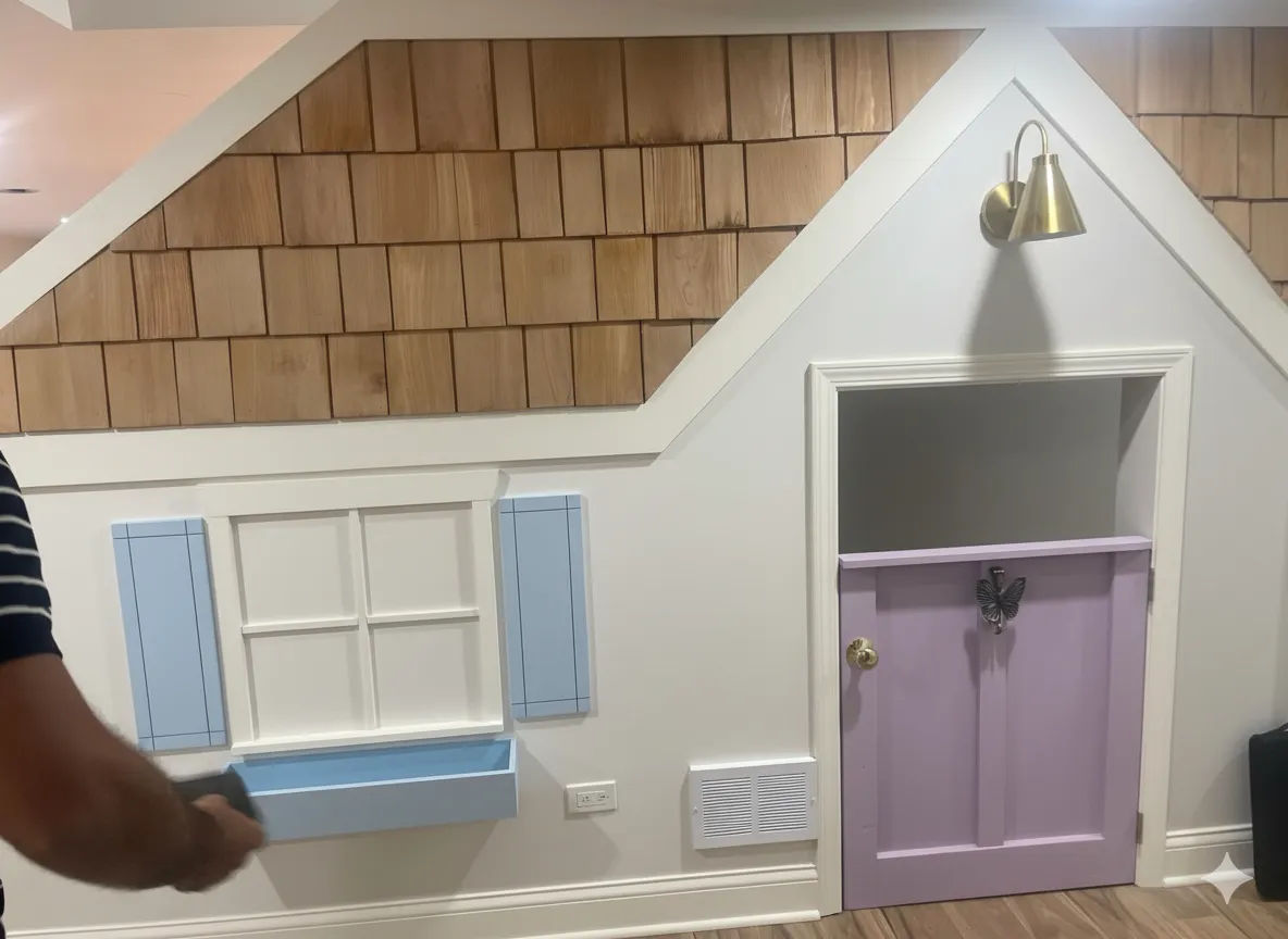 Lake Forest basement custom playhouse after remodeling - whimsical wallpaper and professional finishing
