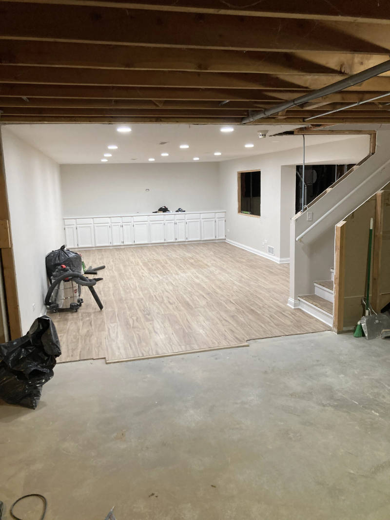 Before -- original unfinished basement layout at Kimmer Court, Lake Forest, before framing