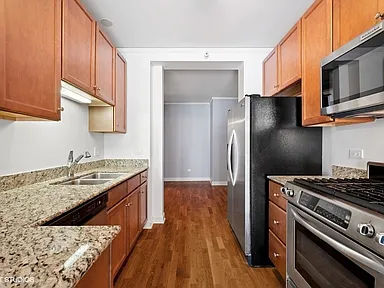 Before -- dated oak kitchen cabinets and granite countertops at 450 E Waterside Dr, The Chandler, Lakeshore East, before the kitchen remodel
