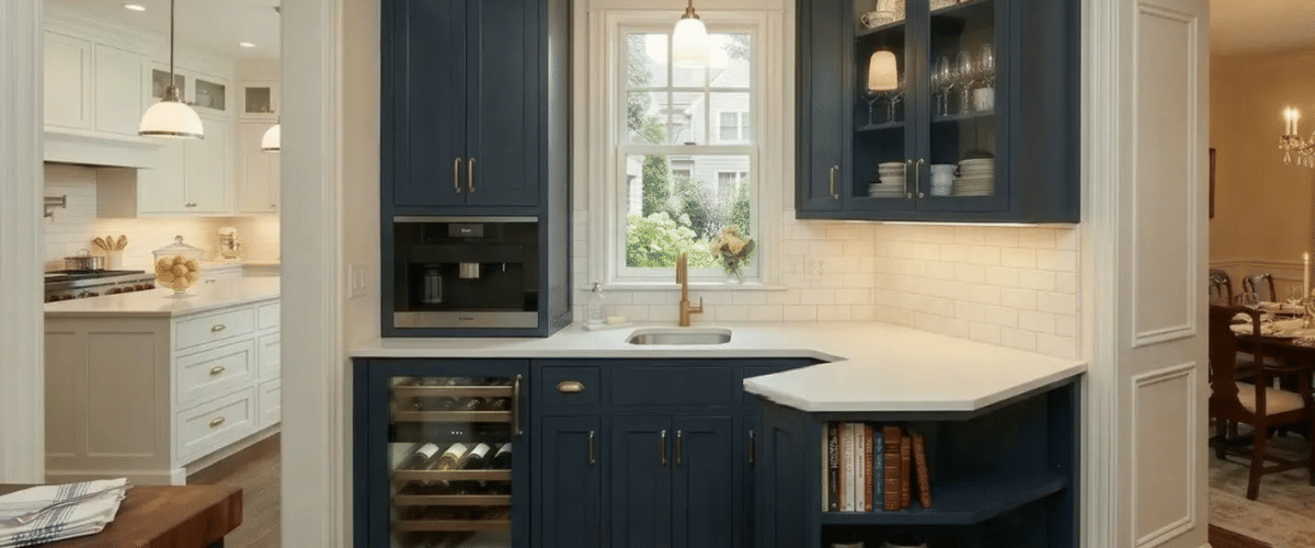 Chicago butler pantry addition cost 2026 -- navy shaker cabinetry, wine refrigerator, built-in coffee machine, quartz countertop by Assembly Squad