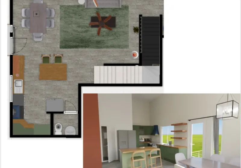 1215 W Gunnison St Uptown loft kitchen renovation design vision -- sage-green frameless custom cabinetry, butcher-block island, structural column removal, Gunnison St Lofts by Assembly Squad