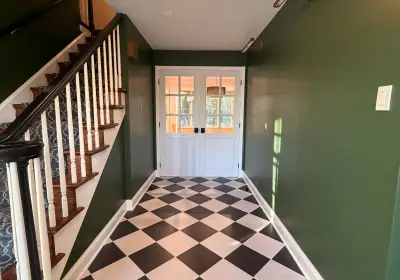 Flossmoor home remodeling with custom kitchen cabinets, walk-in shower bathroom, and black and white entrance tile on Park Drive