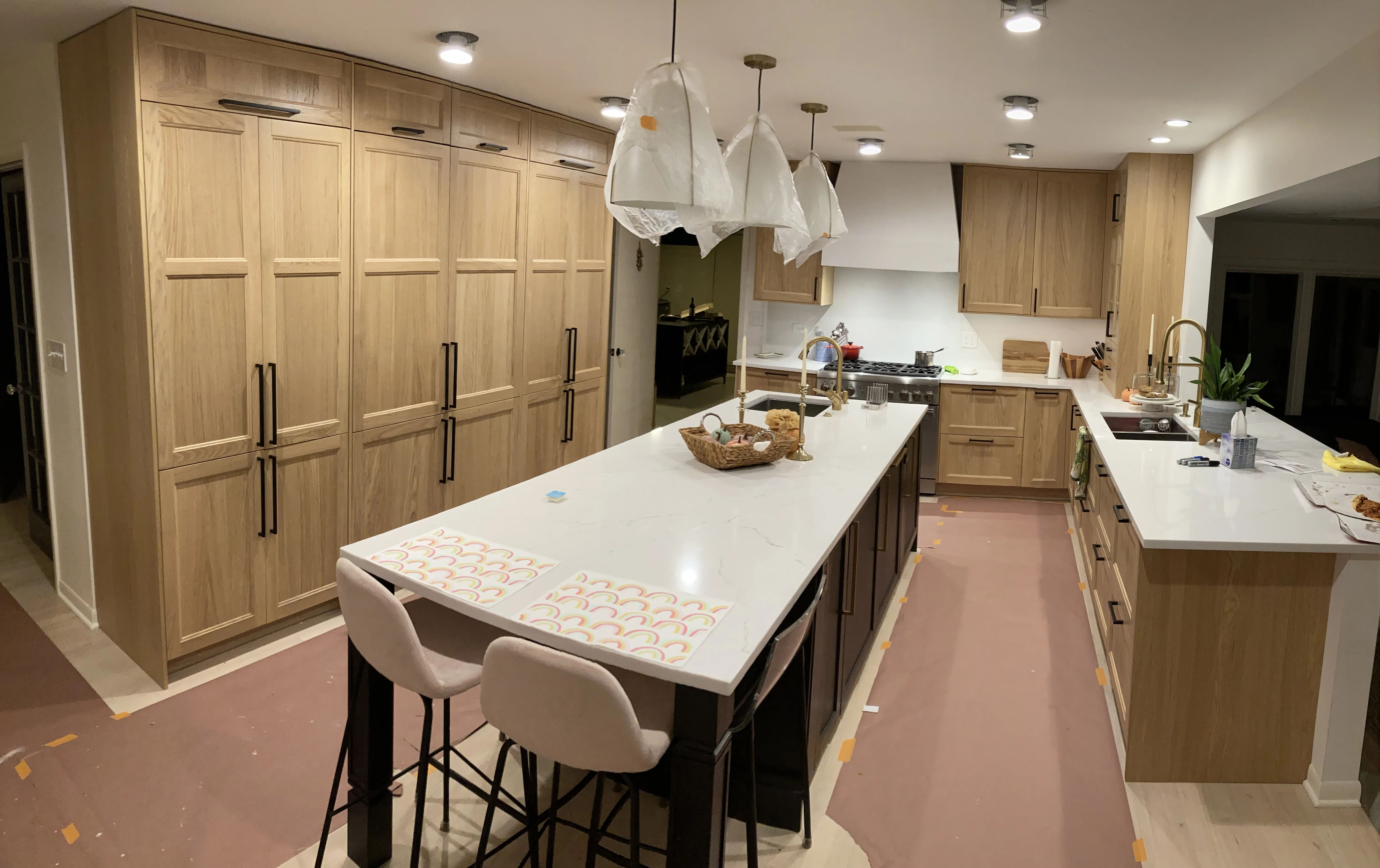 Hinsdale kitchen after remodel - custom Italian walnut cabinets, MSI Calacatta countertops, open floor plan