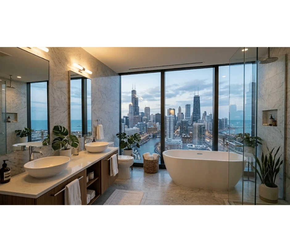 Condo bathroom remodel cost Chicago -- completed Streeterville high-rise bathroom by Assembly Squad