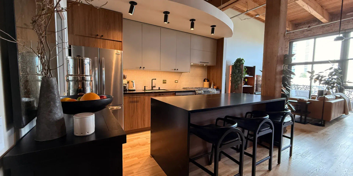 South Loop kitchen 1632 S Indiana after renovation -- custom cabinets soapstone countertops