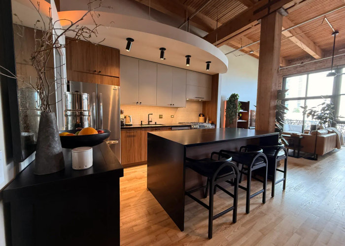 1632 S Indiana South Loop kitchen after renovation -- custom cabinets soapstone countertops chic modern