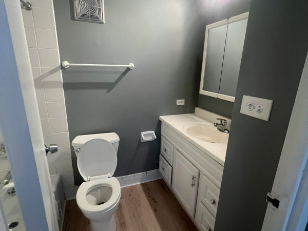 Streeterville Chicago bathroom before remodel -- dated vanity, old tile, 60611