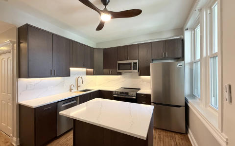 Lakeview condo remodel at 3054 N Sheffield Ave -- custom European kitchen with waterfall island