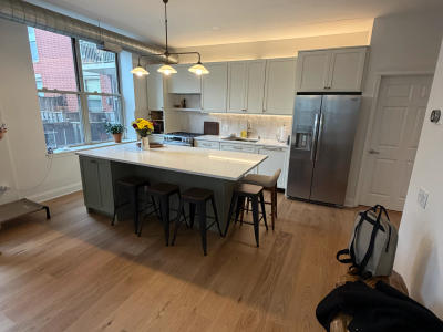 Brushed nickel cabinet hardware West Loop condo remodel -- custom two-tone kitchen