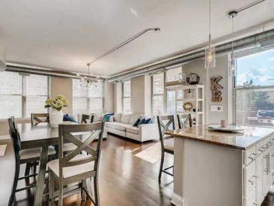 West Loop condo before remodel kitchen view 3 -- dated finishes