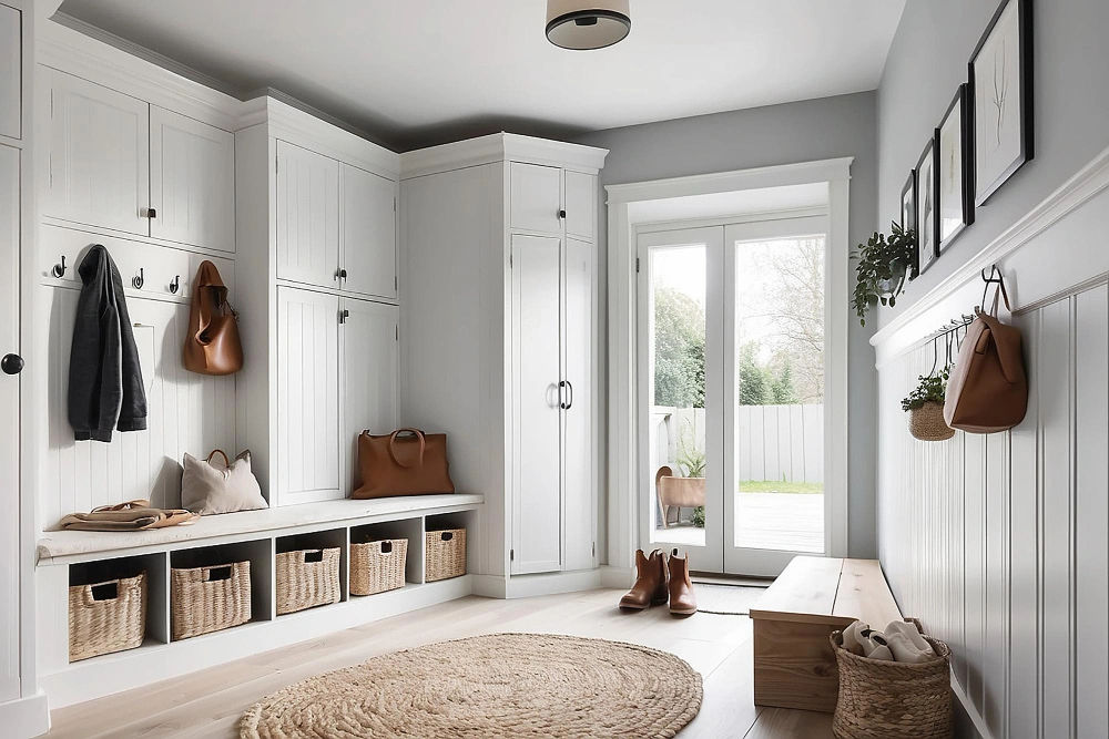 Chicago mudroom addition with custom built-in lockers and bench by Assembly Squad