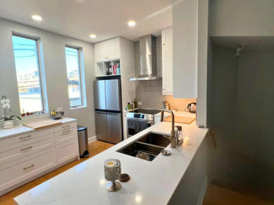 1234 W Cottage Place West Loop open concept kitchen after remodel -- custom cabinets MSI quartz wall removal