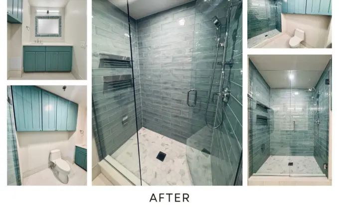 Streeterville primary bathroom at 680 N Lake Shore with teal design by Assembly Squad
