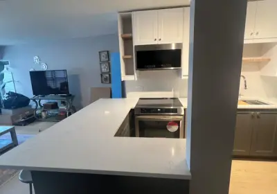 Lincoln Park open concept kitchen renovation at 350 W Belden with wall removal, new tile flooring, and custom cabinetry