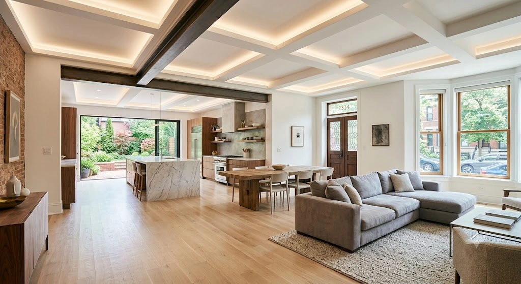 Open floor plan conversion in a vintage Chicago home with exposed beam after load-bearing wall removal by Assembly Squad