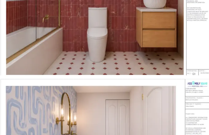 The Lex 124 W Polk South Loop Printers Row bathroom full gut renovation by Assembly Squad -- two-tone Zellige tile in red Bordeaux and Sky Blue, Delta deep-soaking tub, brushed-gold shower door, IKEA ÄNGSJÖN vanity with vessel sink in Chicago