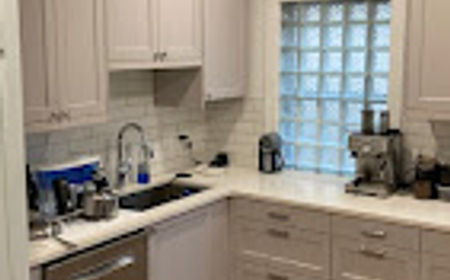 After: Cabinet and stone countertop detail -- North Park bungalow kitchen gut renovation Chicago